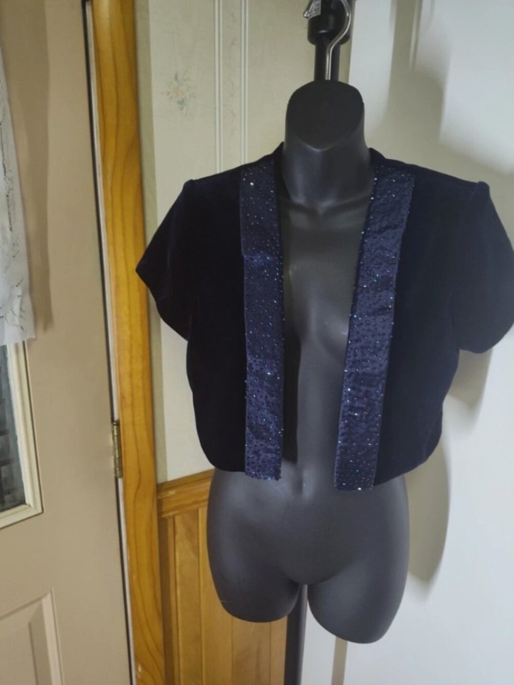Vintage J.R. Nites by Caliendo Blue Velvet Beaded Cropped Evening Jacket Size 8P